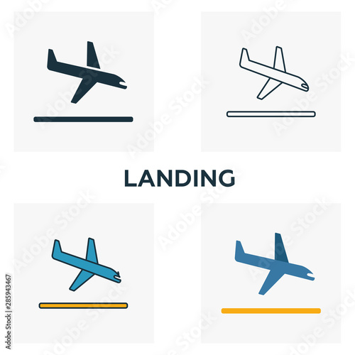 Landing icon set. Four elements in diferent styles from airport icons collection. Creative landing icons filled, outline, colored and flat symbols