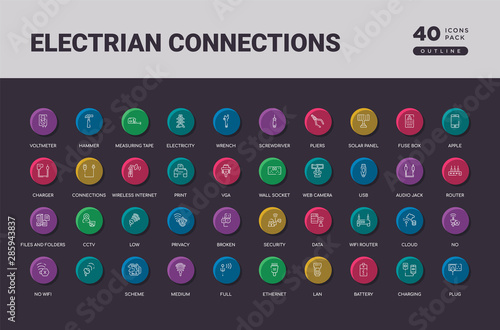 electrian connections concept 40 outline colorful round icons set