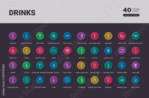 drinks concept 40 outline colorful round icons set