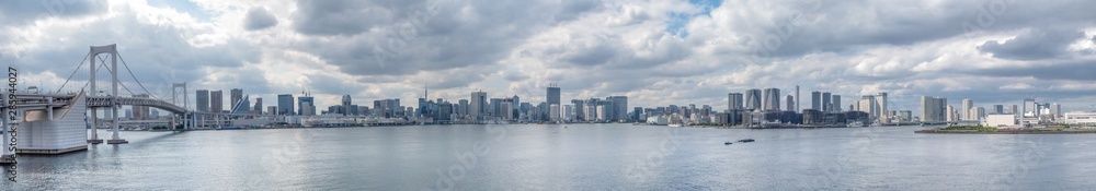 Tokyo harbor panorama with cargo and commercial docks and the  Shibaura Side on the left.