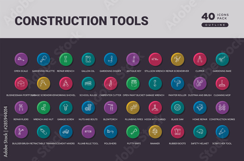 construction tools concept 40 outline colorful round icons set