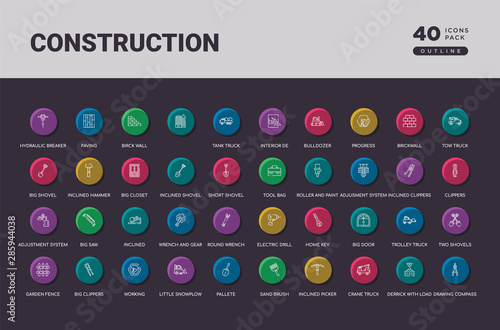 construction concept 40 outline colorful round icons set