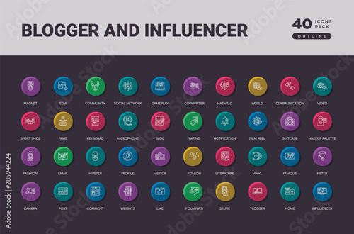 blogger and influencer concept 40 outline colorful round icons set