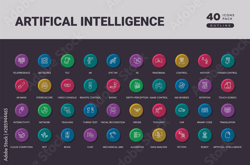 artifical intelligence concept 40 outline colorful round icons set