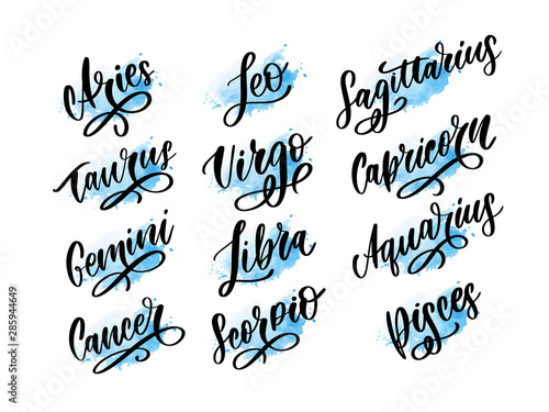 Zodiac lettering Vector Sign. Cartoon astrology text illustration. Horoscope handwritten icon set.