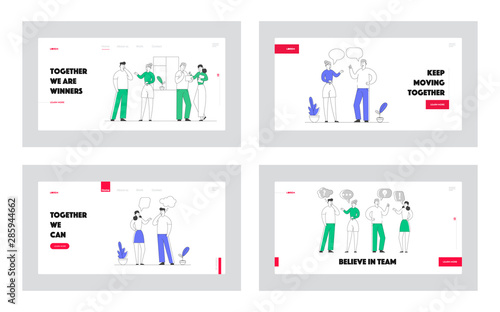 Business Characters Discussion Website Landing Page Set. Men and Women Chatting Talking Speaking to each other. Businesspeople Communicating Process Web Page Banner. Cartoon Flat Vector Illustration