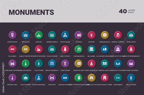 monuments concept 40 colorful round icons set photo