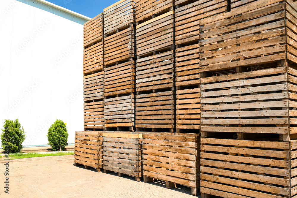 Pile of empty wooden crates at warehouse backyard on sunny day. Space for text Pile of empty wooden crates at warehouse backyard on sunny day. Space for text