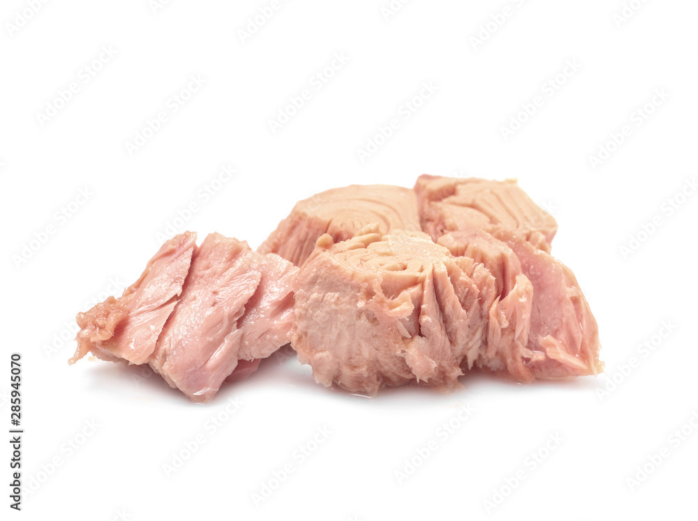 Pieces of canned tuna on white background Pieces of canned tuna on white background