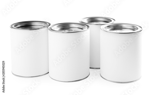 Closed blank cans of paint isolated on white
