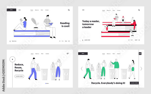 People Reading Books and Recycling Garbage Website Landing Page Set. Woman and Man Students Spend Time in Library, Throw Rubbish to Recycle Containers Web Page Banner. Cartoon Flat Vector Illustration