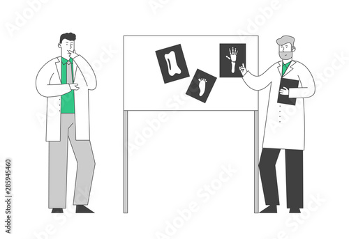 Medical Specialists Concilium. Professional Doctors Consultation Meeting in Hospital Room Session Stand at Laboratory Equipment Board with Images of Xray Cartoon Flat Vector Illustration Line Art © Hanna Syvak