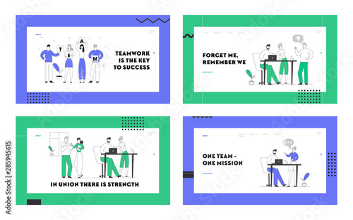 Teamwork and Brainstorm Website Landing Page Set. Businesspeople Team Project Development, Creative Process in Office. Business People Discussing Idea Web Page Banner. Cartoon Flat Vector Illustration