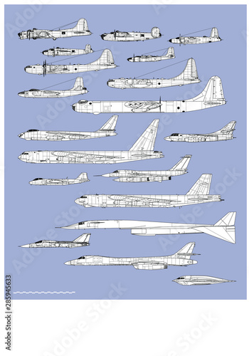History of american bombers.  Aircraft profiles. Outline vector drawing