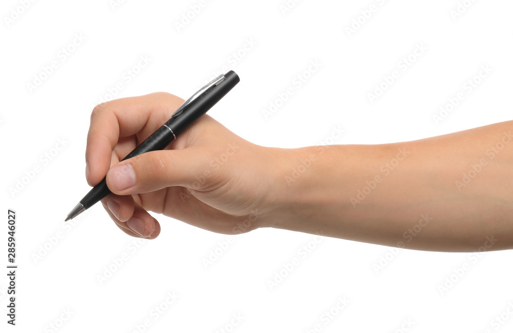 Young man holding pen on white background, closeup Young man holding pen on white background, closeup