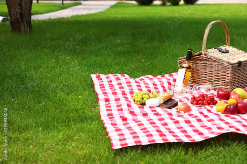 Fototapeta Naklejka Na Ścianę i Meble -  Picnic basket with products and bottle of wine on checkered blanket in garden. Space for text