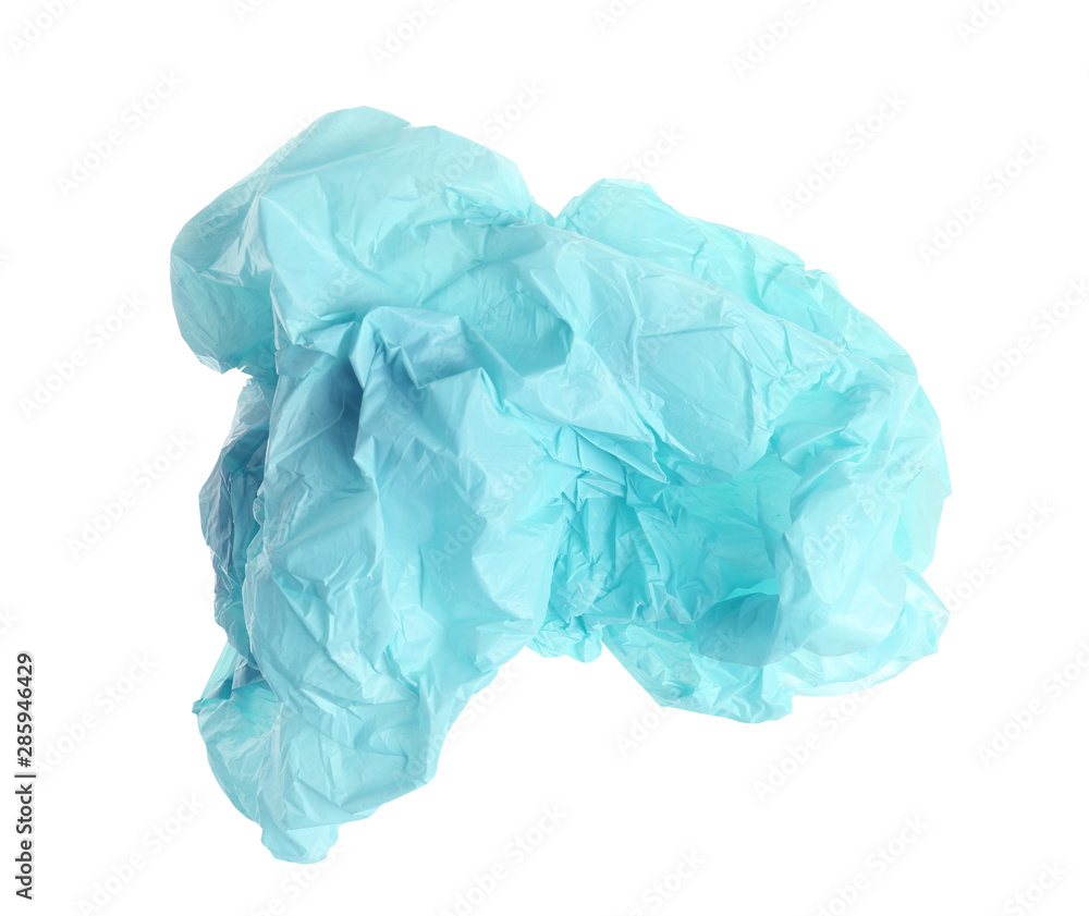 Crumpled plastic bag isolated on white, top view