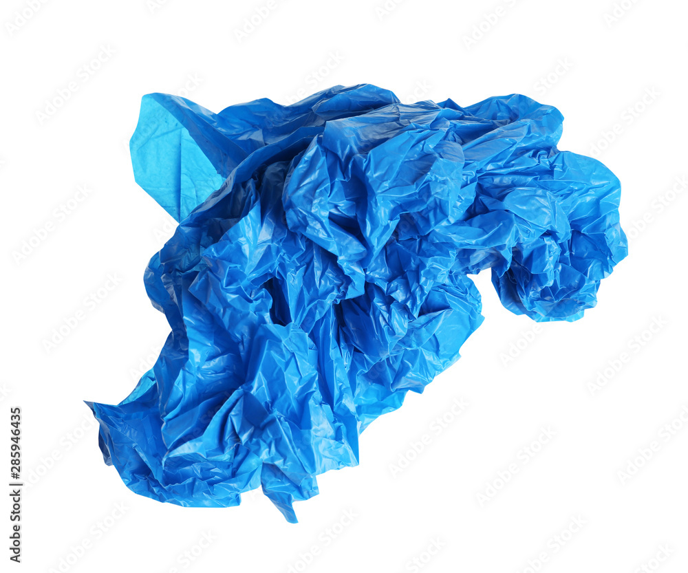 Crumpled plastic bag isolated on white, top view