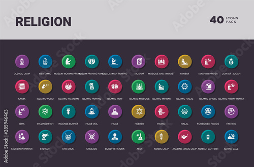 religion concept 40 colorful round icons set