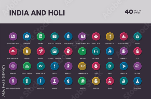 india and holi concept 40 colorful round icons set