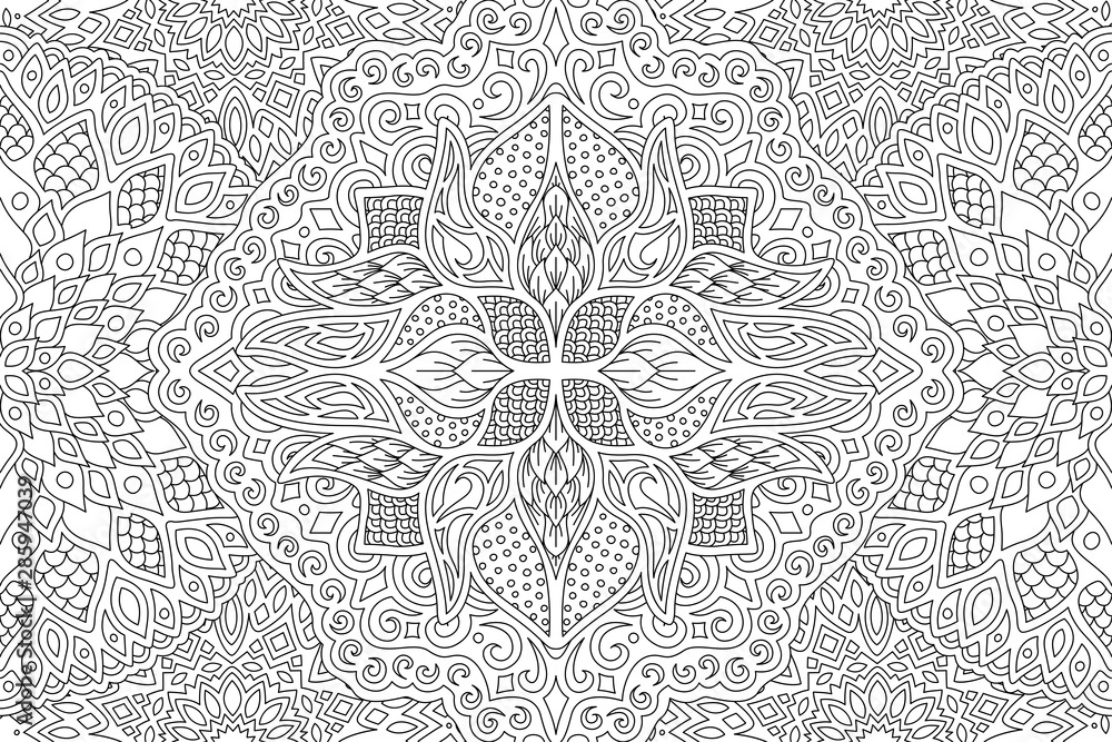 Beautiful adult coloring book page with linear detailed monochrome abstract pattern - obrazy, fototapety, plakaty 