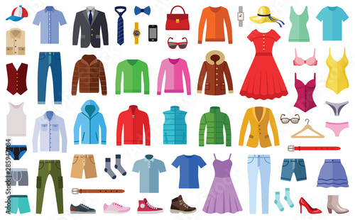Woman and man clothes and accessories collection - fashion wardrobe - vector color illustration photo