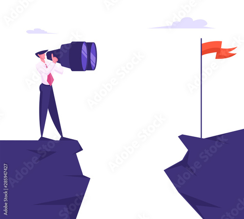 Businessman Stand on Mountain Top Watching through Huge Binoculars on Red Flag on other Side of Cliff. Business Goal Vision, Character Visionary Forecast Prediction. Cartoon Flat Vector Illustration