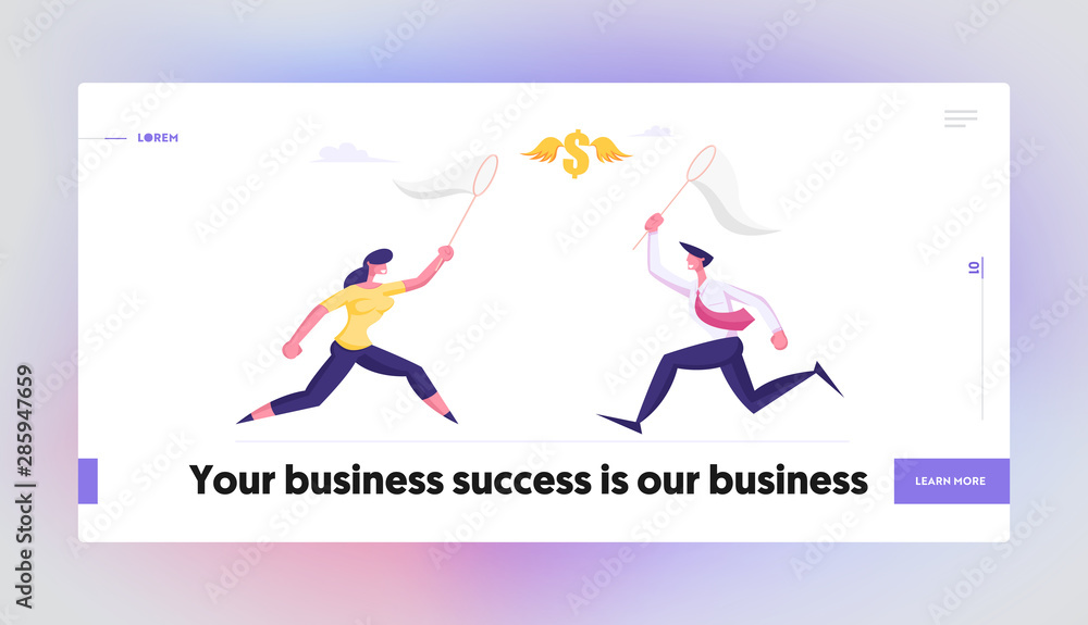 Business Opportunity Creative Idea Website Landing Page. Businesspeople Catching Flying Dollar Sign with Butterfly Net. Financial Income Source Search Web Page Banner. Cartoon Flat Vector Illustration