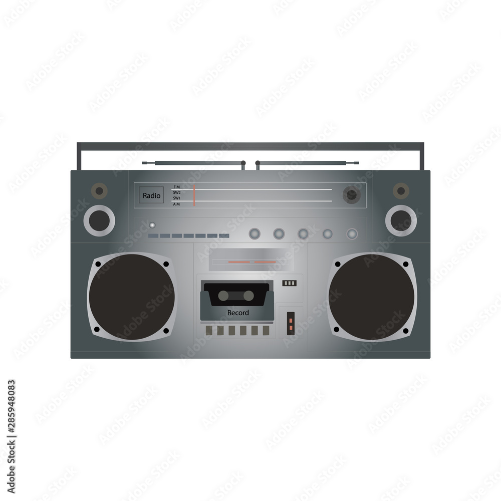 Retro tape recorder 80s style. Realistic illustration of an old vintage record player of the last century. Isolated on white background, Vector stock image
