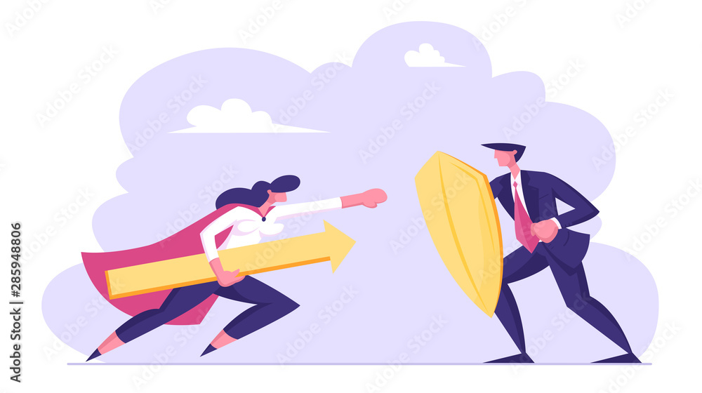 Businesswoman in Super Hero Cloak Holding Huge Arrow Attack Businessman with Shield. Business Protection and Challenge Concept. Manager Employee Characters Fighting. Cartoon Flat Vector Illustration