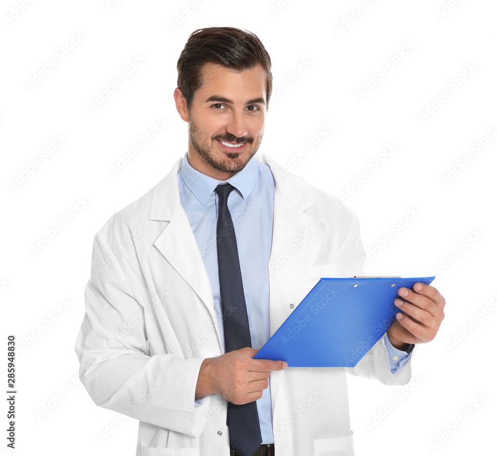 Young male doctor with clipboard on white background. Medical service Young male doctor with clipboard on white background. Medical service