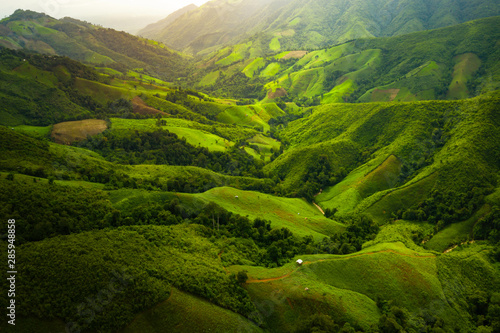 Aerial view. High mountain views and the verdant farmland of the countryside In Nan Province, Thailand
