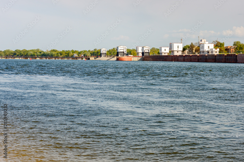 The water dam for increase of river depth for ships navigation. Don ...