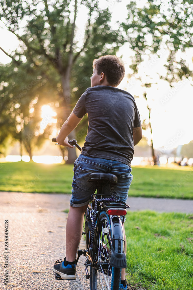 Naklejka premium Boy riding a bicycle in the park.