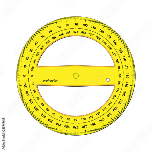 Yellow protractor, full circle 360 degrees with clockwise and counterclockwise scale, illustration
