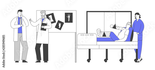 Doctors Concilium in Chamber with Patient Lying on Bed with Bounded Head, Broken Arm and Leg, Staff Discussing Limbs Xray Images Hanging on Board at Hospital. Cartoon Flat Vector Illustration Line Art © Hanna Syvak
