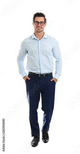 Young male teacher with glasses on white background
