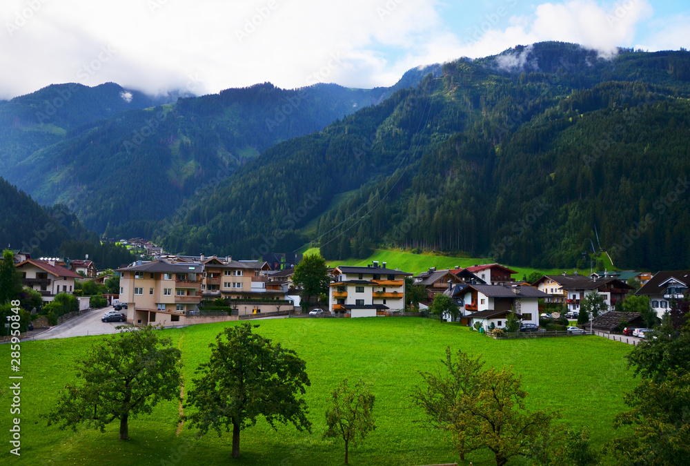 Mayrhofen, a popular tourist destination in Zillertal, Tyrol, Austria in summer