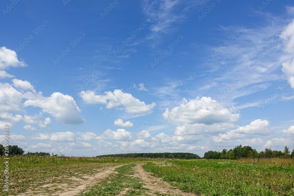 Country road and green grass and cloud sky. Russia