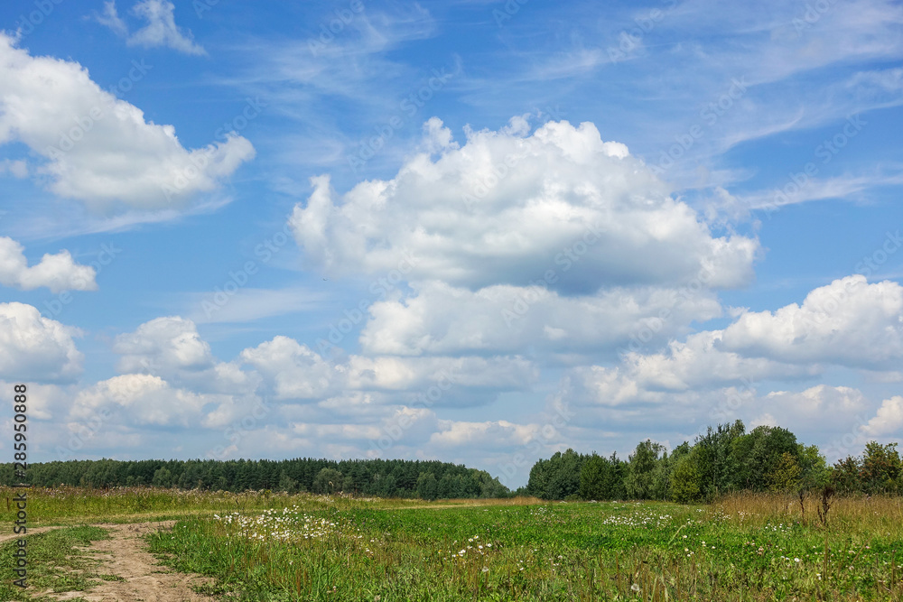 Country road and green grass and cloud sky. Russia