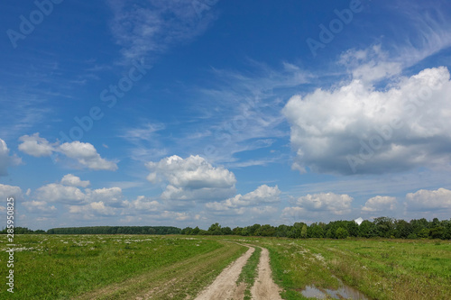 Country road and green grass and cloud sky. Russia