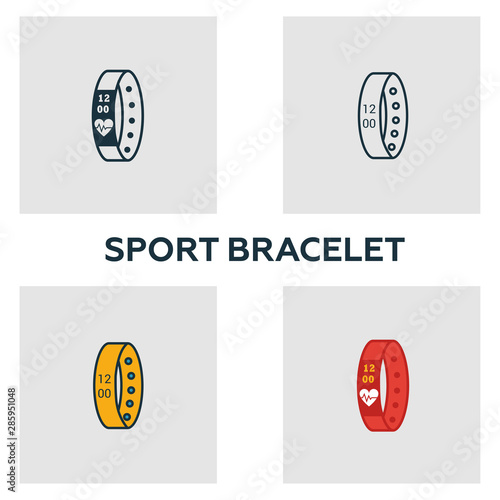 Sport Bracelet icon set. Four elements in diferent styles from visual device icons collection. Creative sport bracelet icons filled, outline, colored and flat symbols