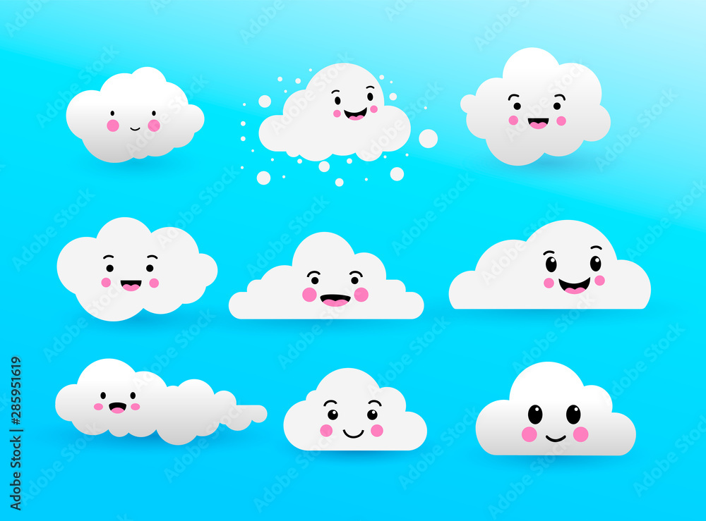 Fototapeta premium Set of kawaii cartoon white cloud cute. Vector illustration. Isolated on blue background.