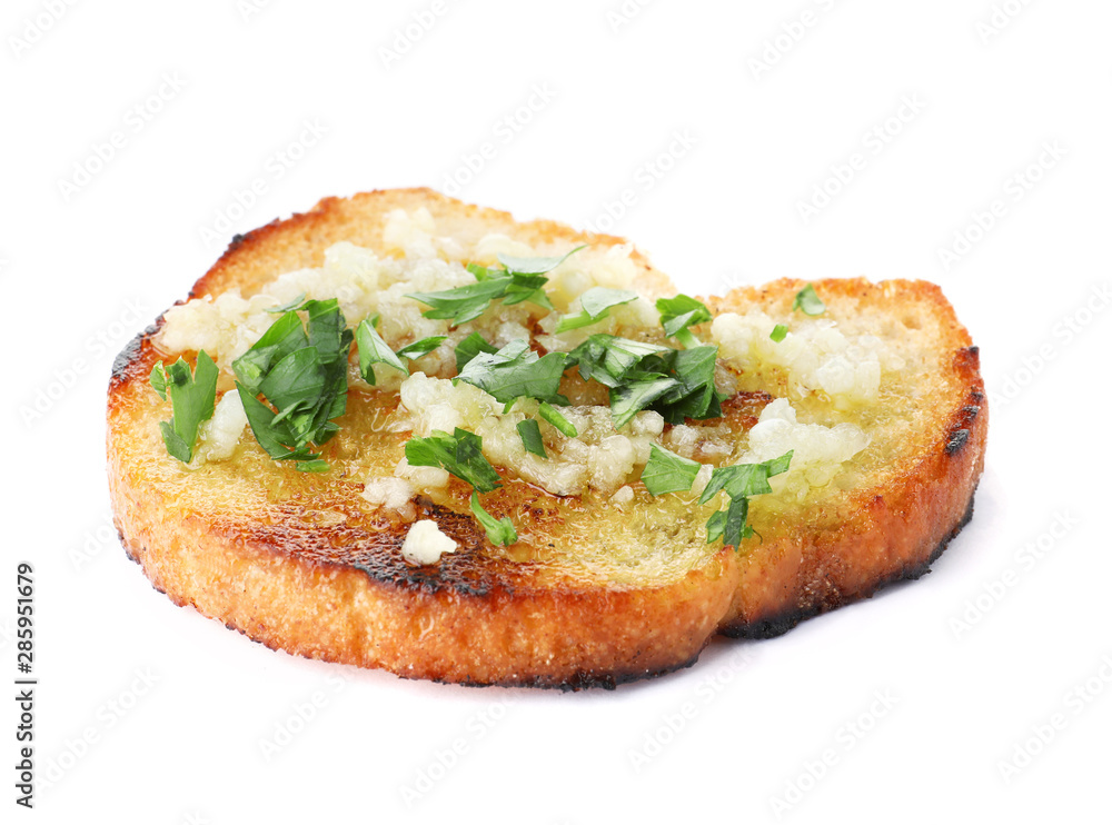 Slice of toasted bread with garlic and herb on white background Slice of toasted bread with garlic and herb on white background