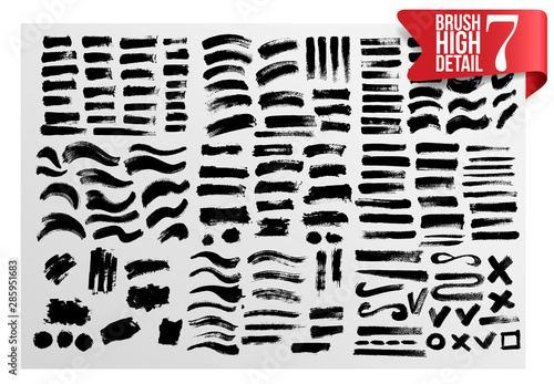 Set of Painted grunge stripes. Black labels, ink brush strokes, brushes, background, paint text. Brochure design template, card, banner. Vector illustration 7. Isolated on white background.