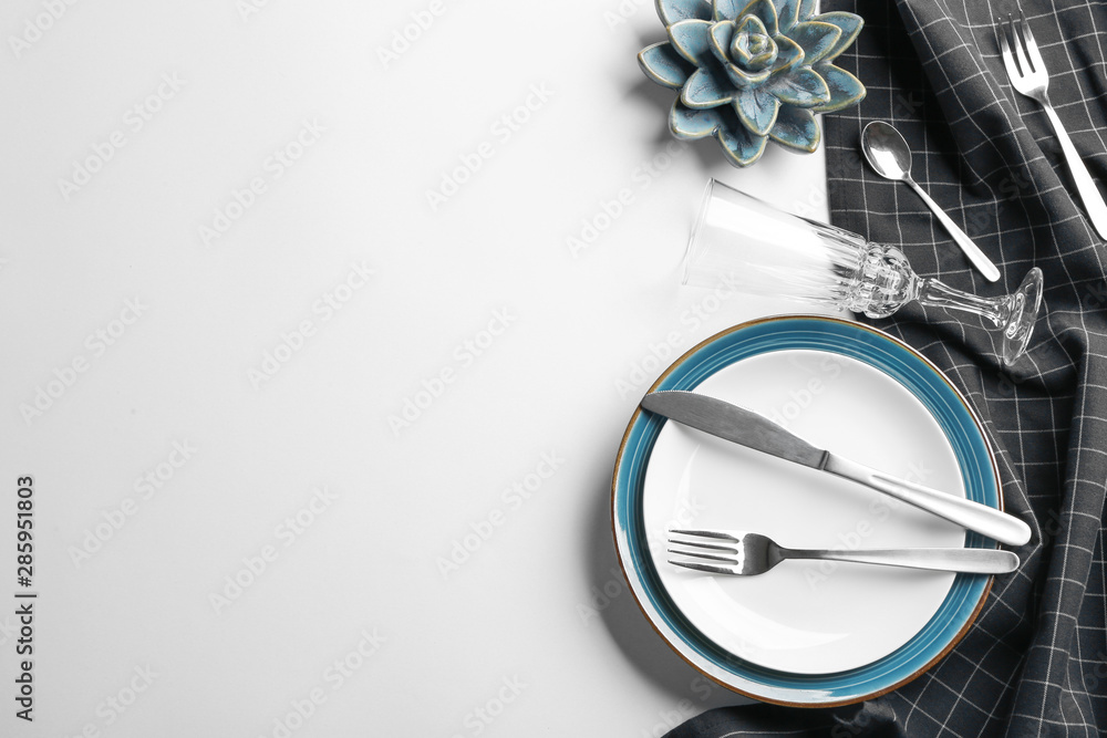 Stylish elegant table setting on white background, top view Stock Photo |  Adobe Stock