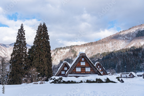 Old houses and historical village in shirakawa go of the world heritage of Japan.Winter landscape.