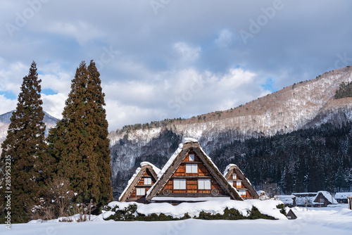 Old houses and historical village in shirakawa go of the world heritage of Japan.Winter landscape. photo