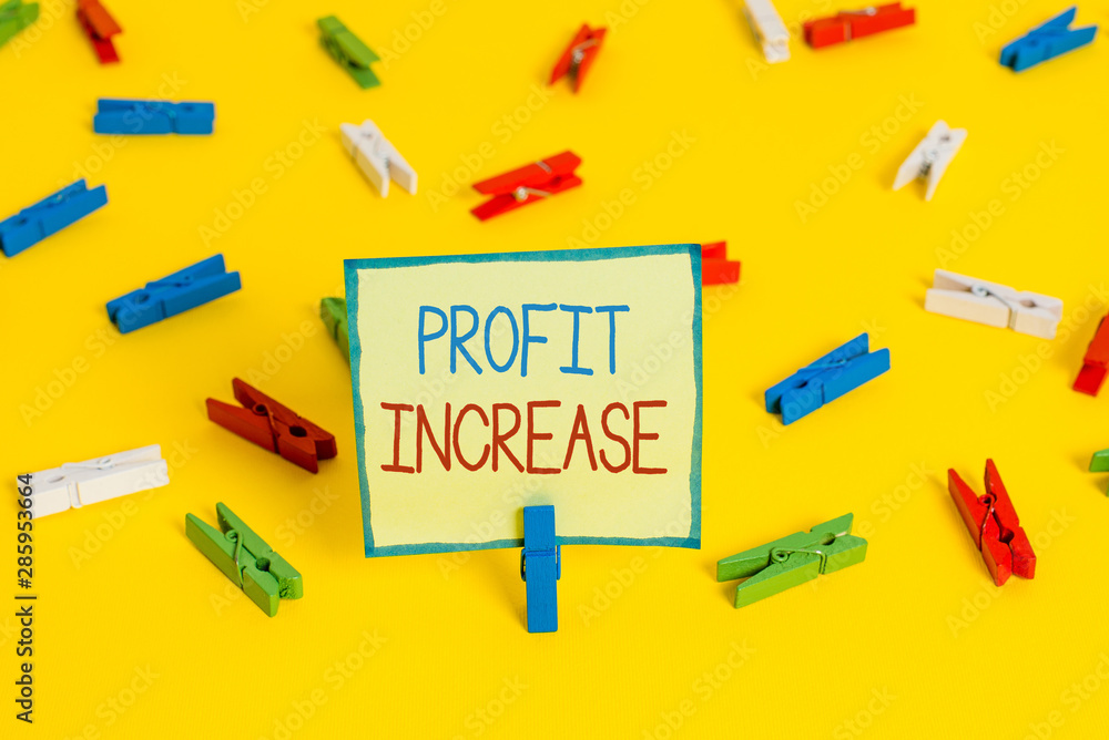 Text sign showing Profit Increase. Business photo text the growth in the amount of revenue gained from a business Colored clothespin papers empty reminder yellow floor background office Text sign showing Profit Increase. Business photo text the growth in the amount of revenue gained from a business Colored clothespin papers empty reminder yellow floor background office