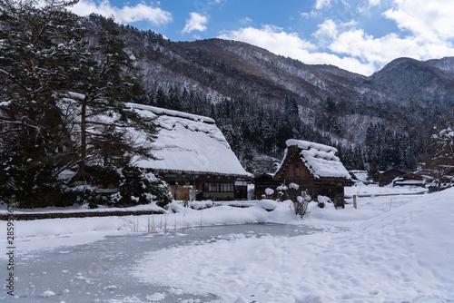 The historical village Shirakawa go in  winter  the world heritage of UNESCO in Japan.